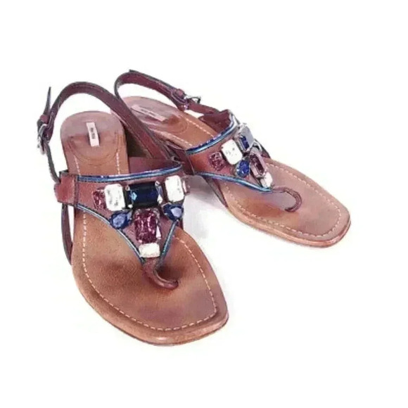 Miu Miu Thong Sandal Brown Women's 8 Leather Embellished Block Heel Italy 38.5 - Picture 1 of 8